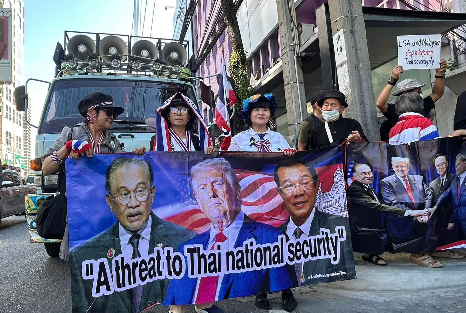 Demonstrators gather in front of the Malaysian embassy on Sathon Road in Bangkok on Saturday before heading to the US Embassy. (Photo: Students and People’s Network for Thailand Reform Facebook page)