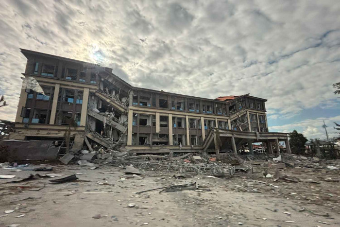 Thai and Chinese authorities view destroyed scam buildings in Myanmar