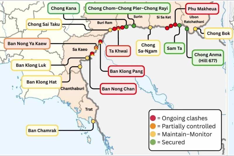 A map from the Thai Ministry of Defence shows battlefields along the Thai-Cambodian border, colour-coded to indicate their status from the Thai military’s point of view.