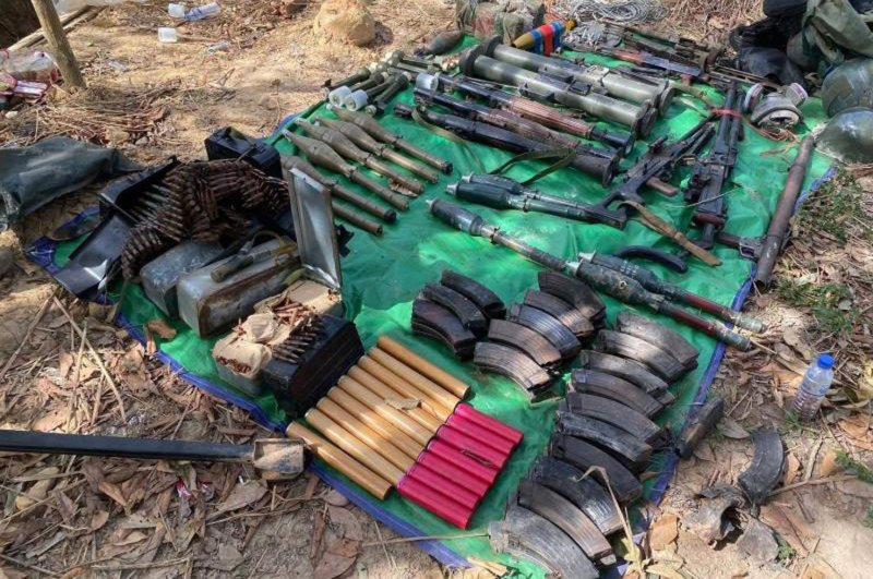 Weapons haul: Weapons reported to be Chinese-made are seized in Nong Ri village, Trat after Thai marines retook the area, which was used to house a Cambodian military bunker. They include anti-tank rocket launchers, ammunition magazines, loitering munitions, and mortar rounds. (Photo: Army Military Force Facebook page)
