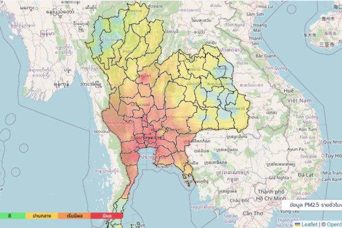 Red levels of PM2.5 cover about one-third of Thailand, including Greater Bangkok