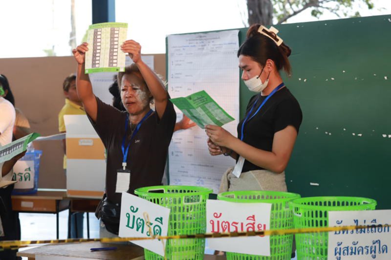 Staff count votes at a polling station in Muang district of Samut Prakan province on Feb 8, 2026. (Photo: Somchai Poomlard)