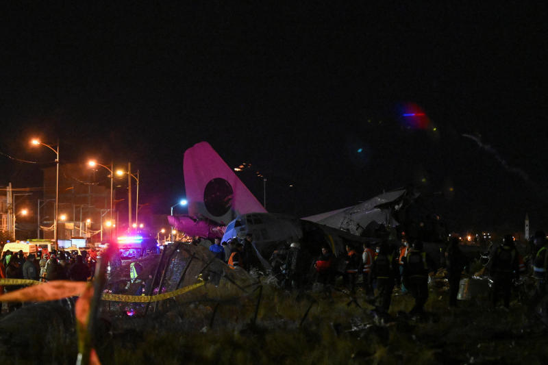 Emergency personnel work at the site where a Bolivian Air Force Hercules aircraft crashed on Friday evening onto a busy avenue amid inclement weather in the city of El Alto, Bolivia, on Friday. (Photo: Reuters)
