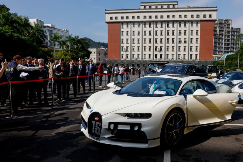 A Bugatti Chiron Sport is displayed prior to an auction of luxury cars linked to the Cambodia-based Prince Group in Taipei, Taiwan, on March 2, 2026. (Photo: Reuters)