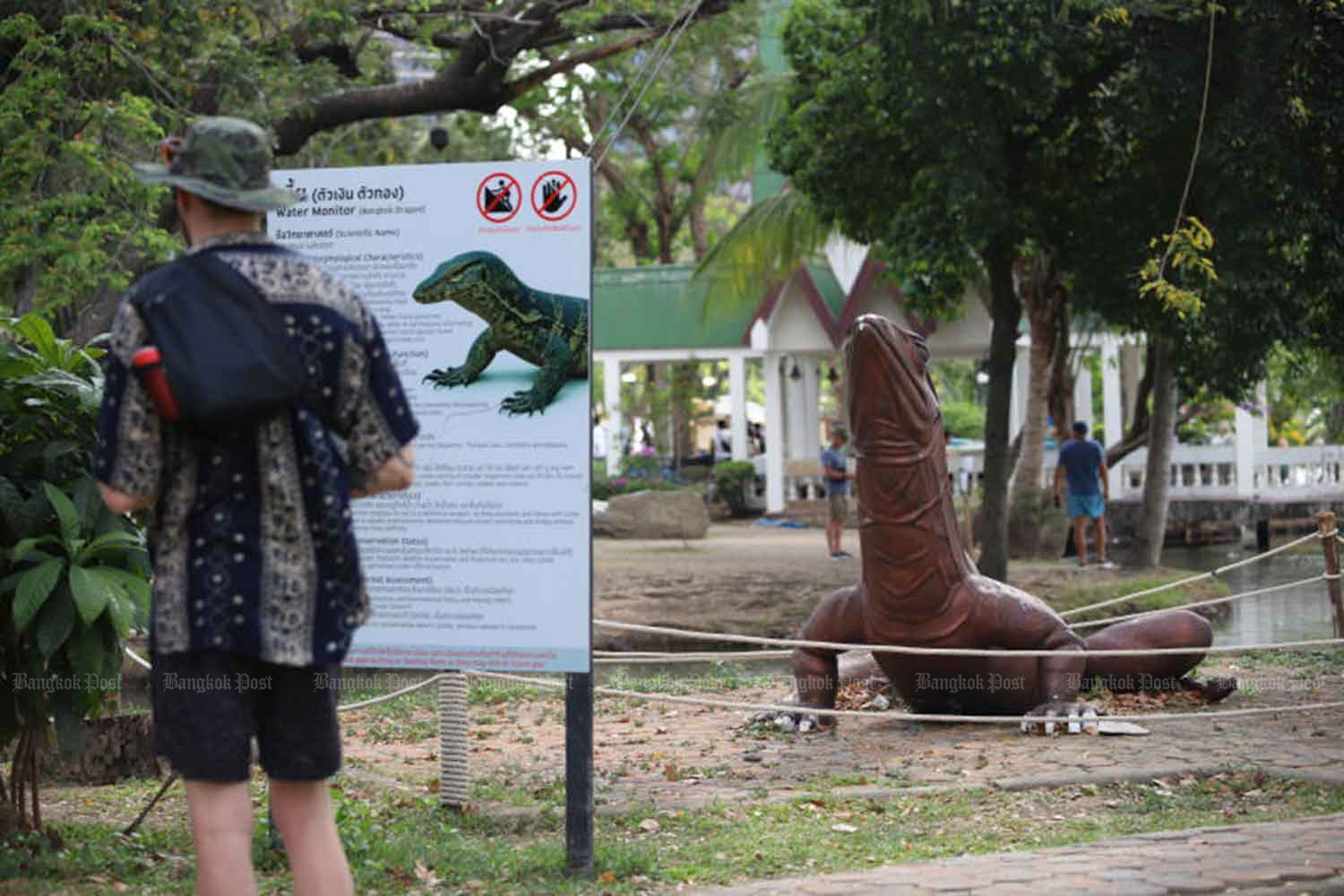 A visitor reads an information board about the Asian water monitor (Varanus salvator) in Lumpini Park. The lizards have drawn many tourists to the 100-year-old park. Varuth Hirunyatheb