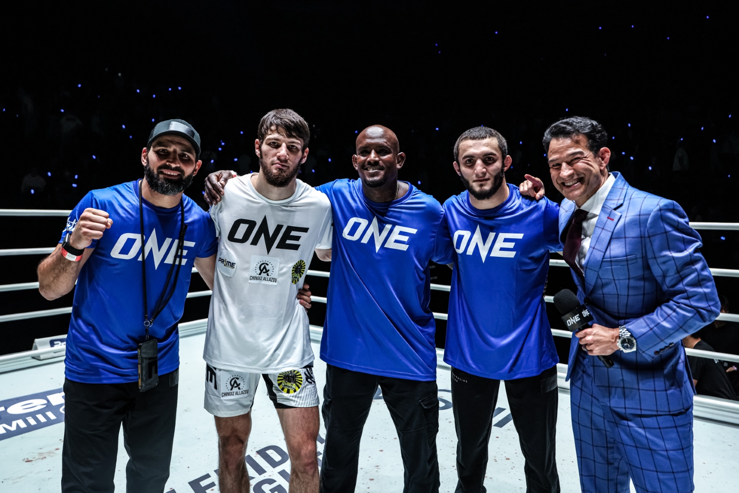 Asadula Imangazaliev with his team and commentator Mitch Chilson (right) after the ONE Friday Fights 147 main event