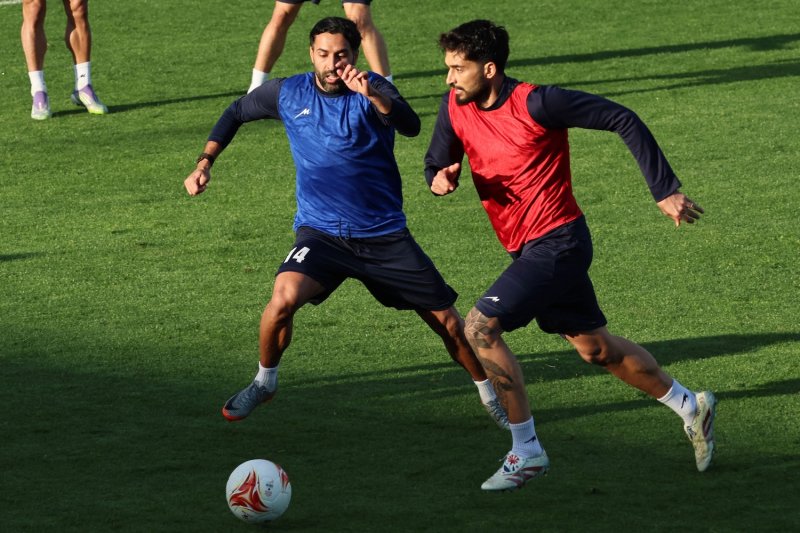 Iran midfielder Saman Ghoddos (left) takes part in a training session in Antalya, Turkey on March 30, 2026, on the eve of an international friendly football match against Costa Rica.(Photo: AFP)