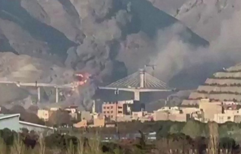 An image from a video posted social media on April 2 shows strikes hitting the B1 bridge, the tallest bridge in Iran, near Karaj, west of Tehran. (Photo via AFP) 