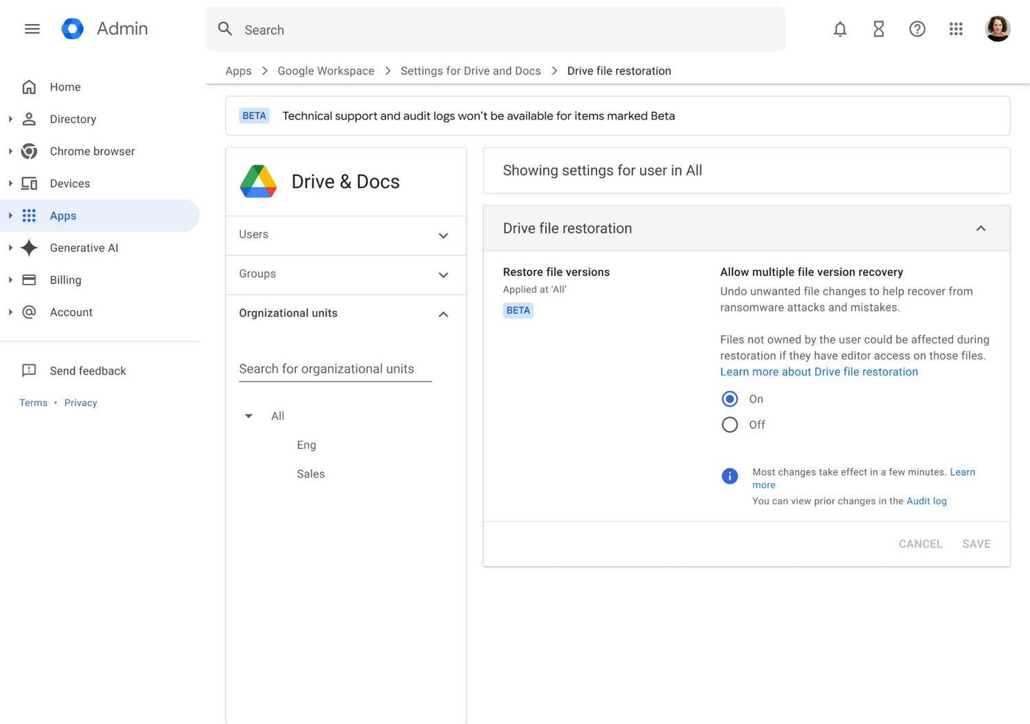 The Admin console setting for ransomware detection Photo: Google Workspace Updates blog