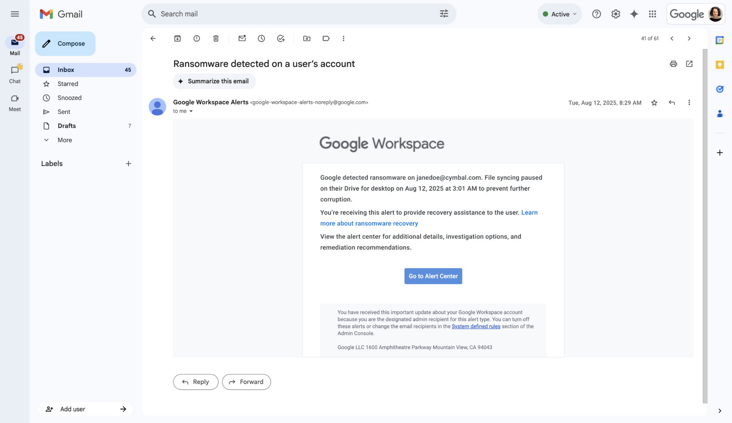Email to admins when potential ransomware is detected Photo: Google Workspace Updates blog
