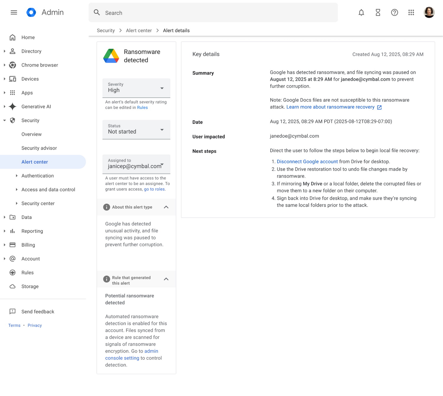 Alert detail on the ransomware detection Photo: Google Workspace Updates blog