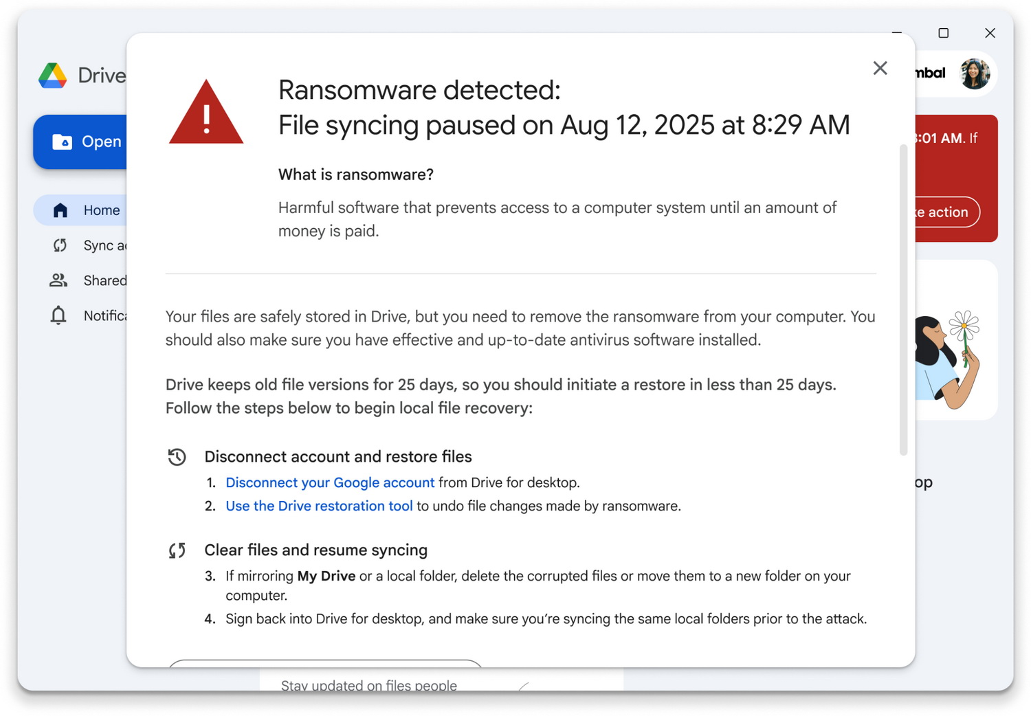End user alert in Drive for desktop when ransomware is detected Photo: Google Workspace Updates blog