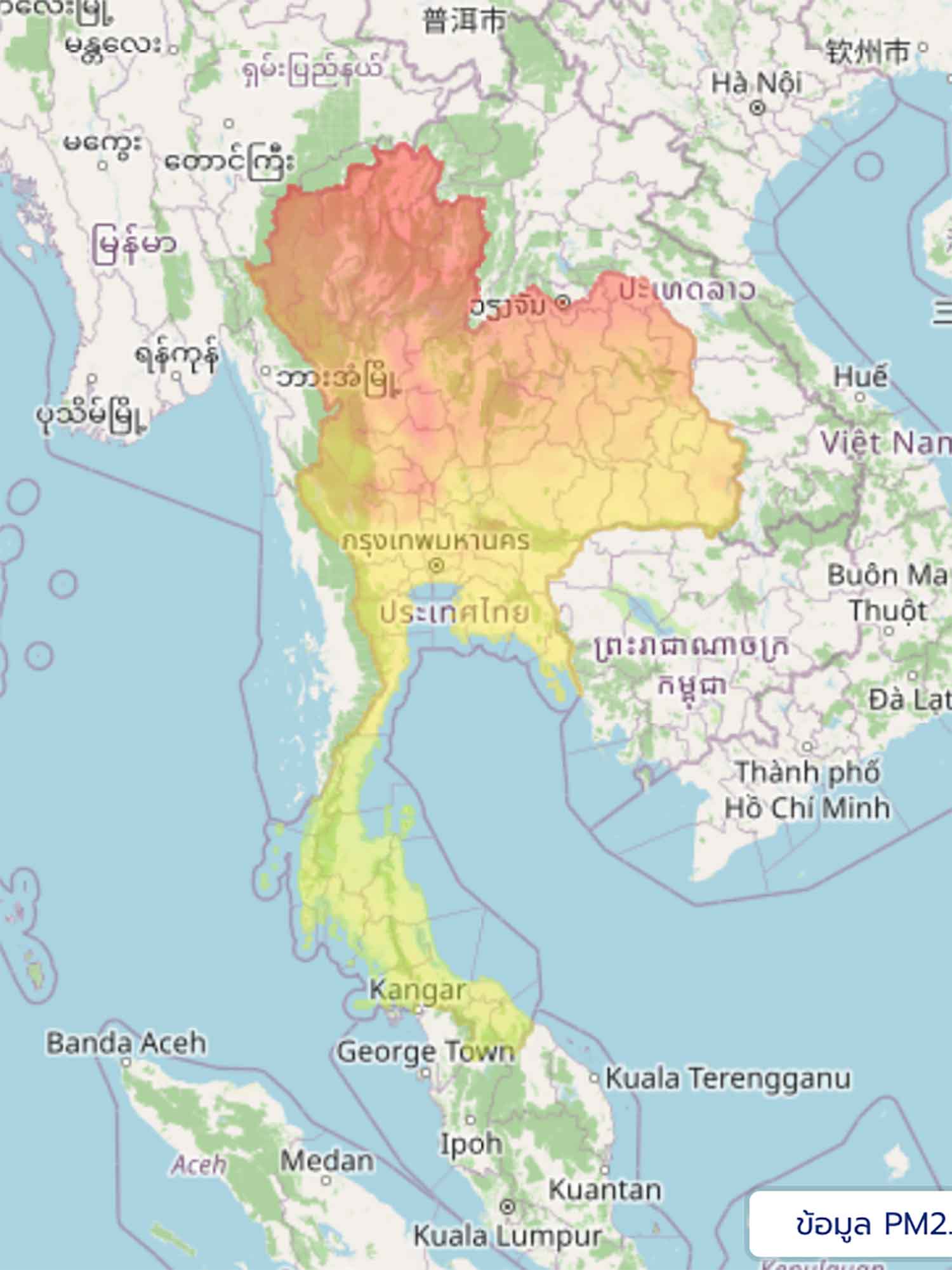 The map from Gistda shows levels of PM2.5 in colour codes at 3pm on Sunday.
