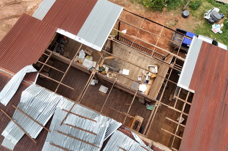 The interior of a house is exposed after heavy winds and rain tore off the roof in the northeastern province of Nakhon Phnom on March 20, 2026. (Photo: Pattanapong Sripiachai)