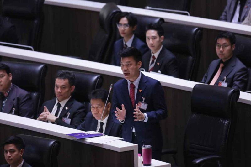 People’s Party leader Natthaphong Ruengpanyawut in parliament early this month. Chanat Katanyu