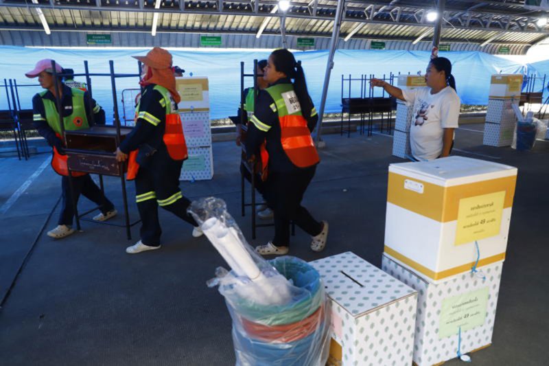 Employees at the Don Muang district office in Bangkok carry ballot boxes and other polling materials on Feb 7, 2026 to prepare for the Feb 8 general election. Bangkok residents will go to the polls again on June 28, this time to choose a governor and municipal councillors. (Photo: Nutthawat Wichieanbut)