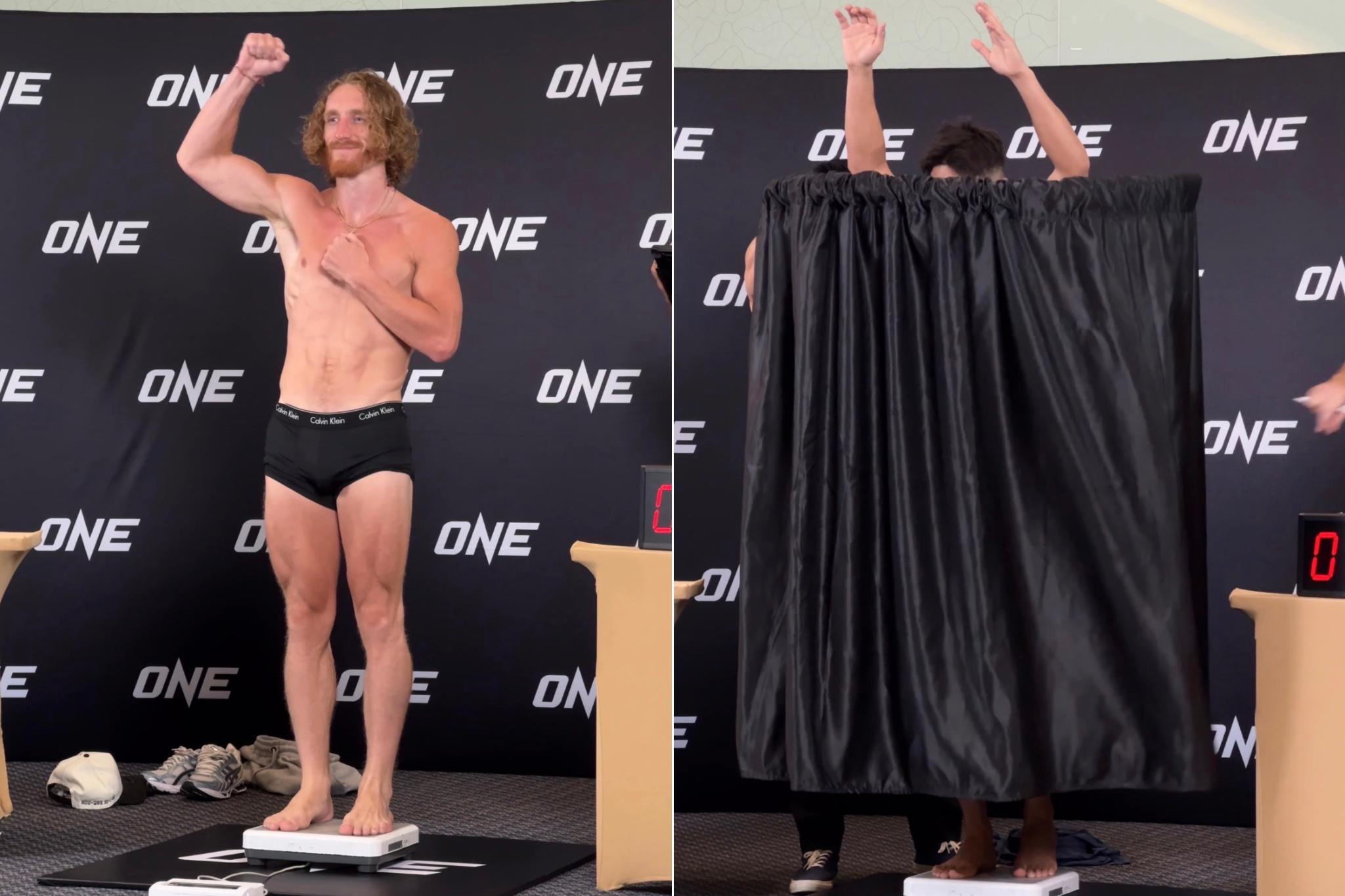 Ben Woolliss (left) and Petchtanong on the scales at the ONE Fight Night 43 weigh-ins