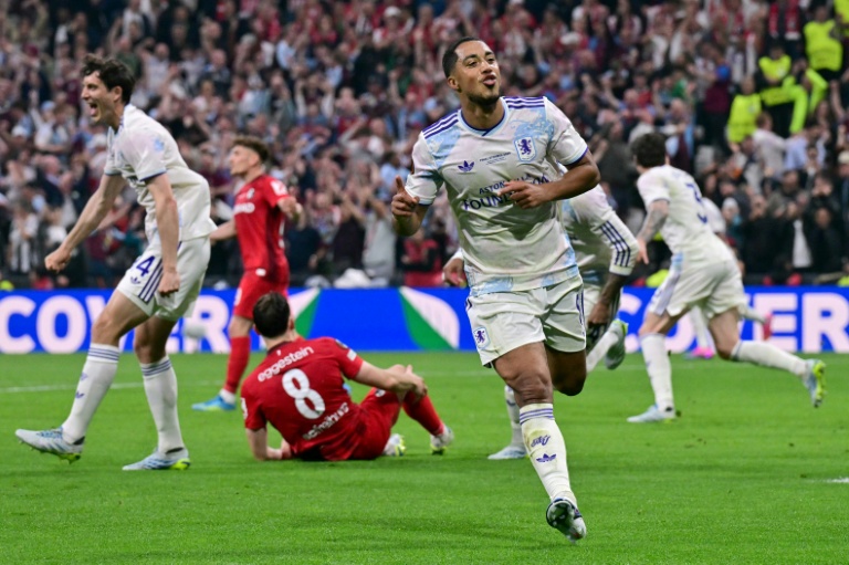 Aston Villa midfielder Youri Tielemans celebrates after scoring in the Europa League final. (Photo: AFP)
