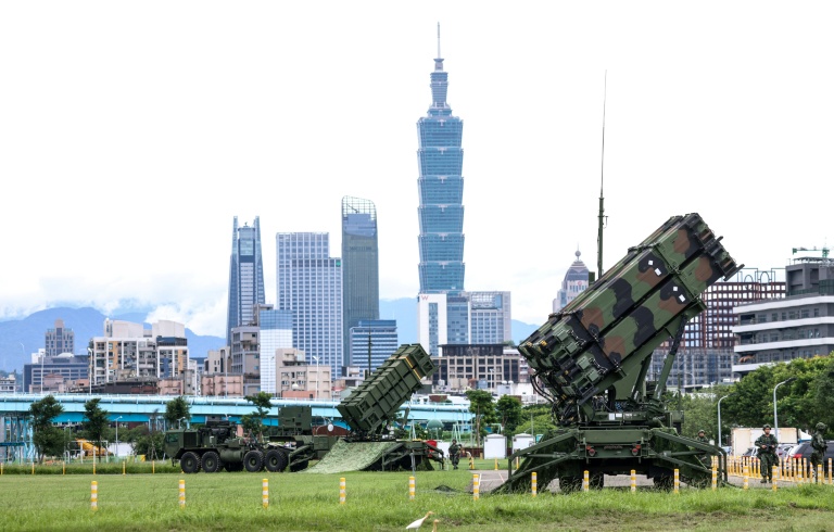 Patriot missile systems are deployed at a local park during Taiwan’s annual Han Kuang military exercises in Taipei in July 2025. (Photo: AFP)