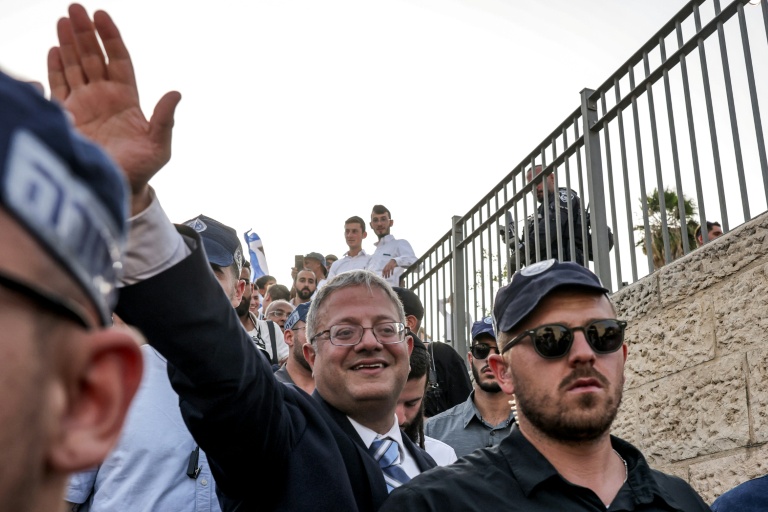 Itamar Ben Gvir (centre) caused international outcry by publishing a video of aid activists from the Global Sumud Flotilla being mistreated. (Photo: AFP)