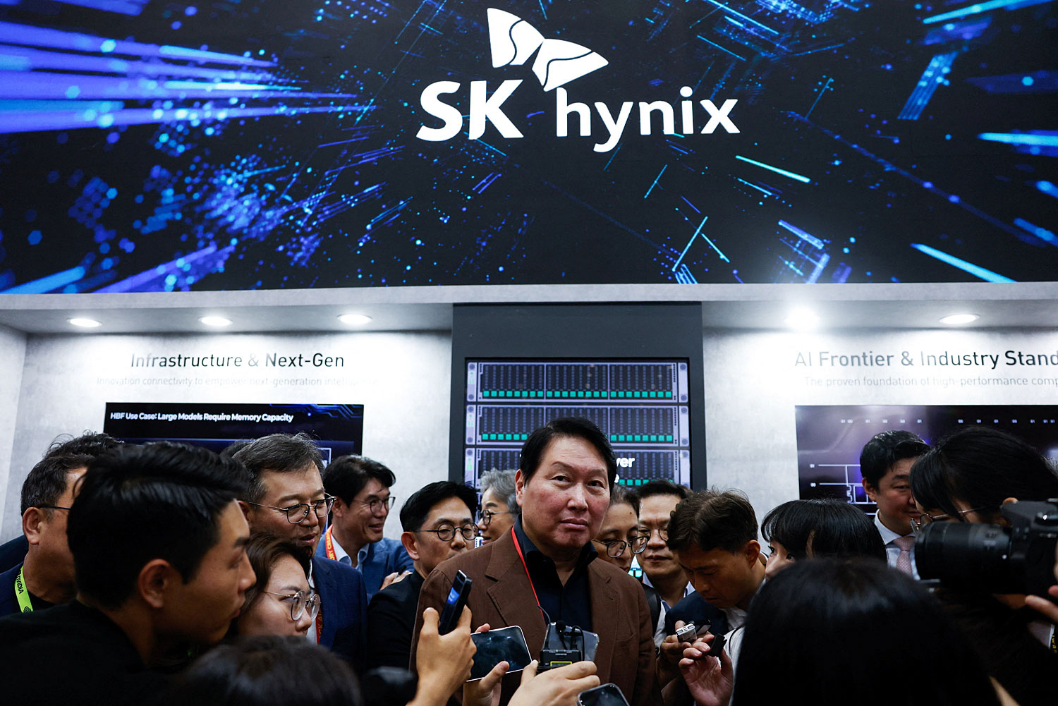 SK Group Chairman Chey Tae-won answers questions from members of the media at the SK Hynix booth during the annual Computex exhibition in Taipei, Taiwan, June 2, 2026. (Photo: Reuters)