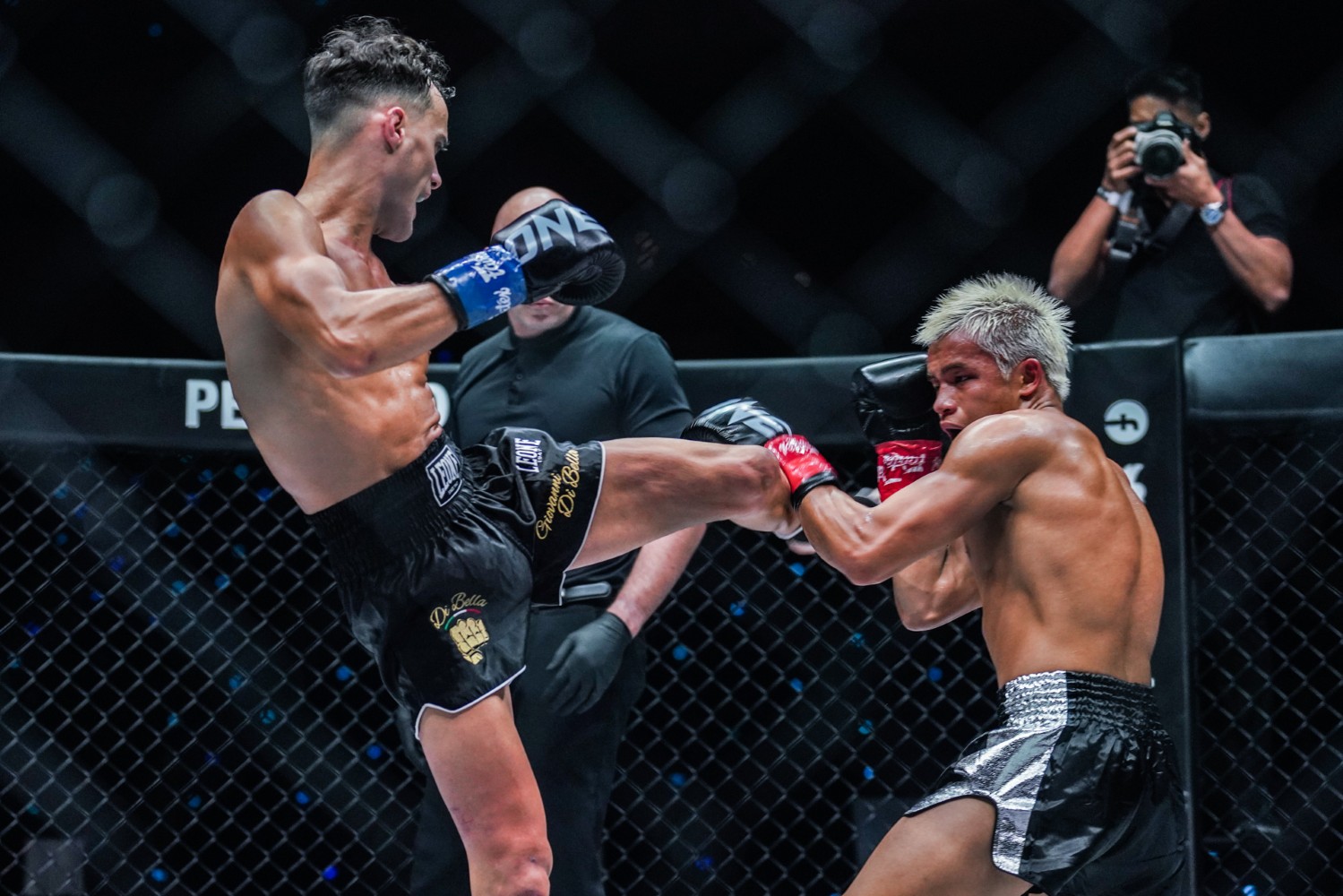Jonathan Di Bella throws a high kick at ONE Championship rival Zhang Peimian