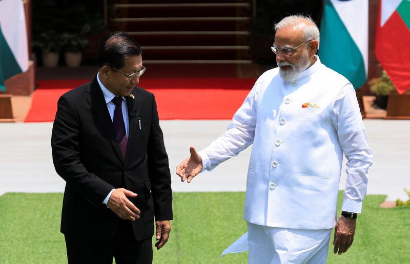 Indian Prime Minister Narendra Modi welcomes Myanmar President Gen Min Aung Hlaing as he arrives for a meeting at the Hyderabad House in New Delhi on June 1, 2026. (Photo: Reuters)