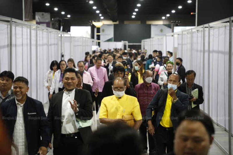 Senate candidates gather at their election venue in Nonthaburi province on June 26, 2024. Pattarapong Chatpattarasill