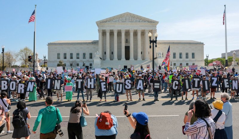 Demonstrators gather outside the US Supreme Court during oral arguments on the legality of the Trump administration’s effort to limit birthright citizenship for the children of immigrants, in Washington, DC, on April 1, 2026. (Photo: Reuters)