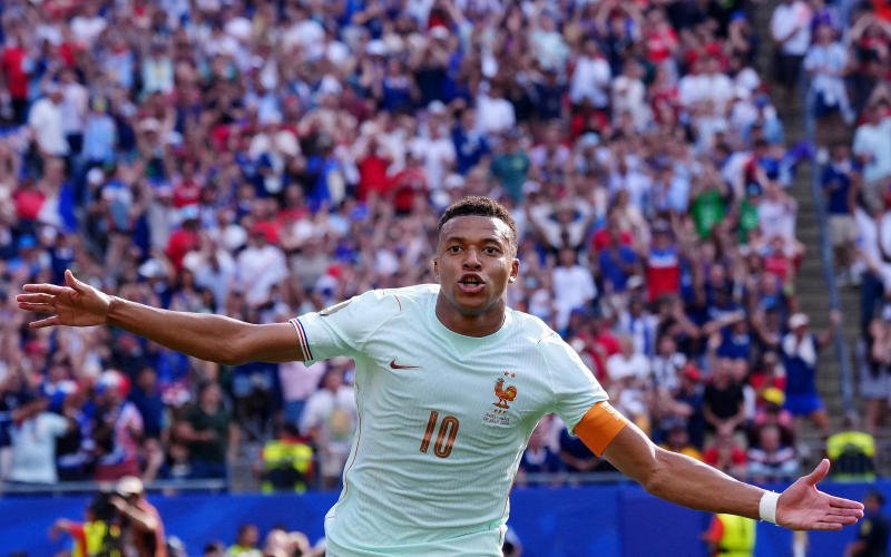 France's Kylian Mbappe celebrates scoring their first goal against Morocco on Thursday. (Photo: Reuters)