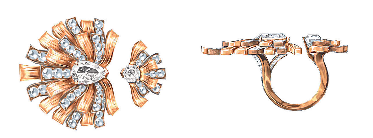 Golden Wave ring set with diamonds.