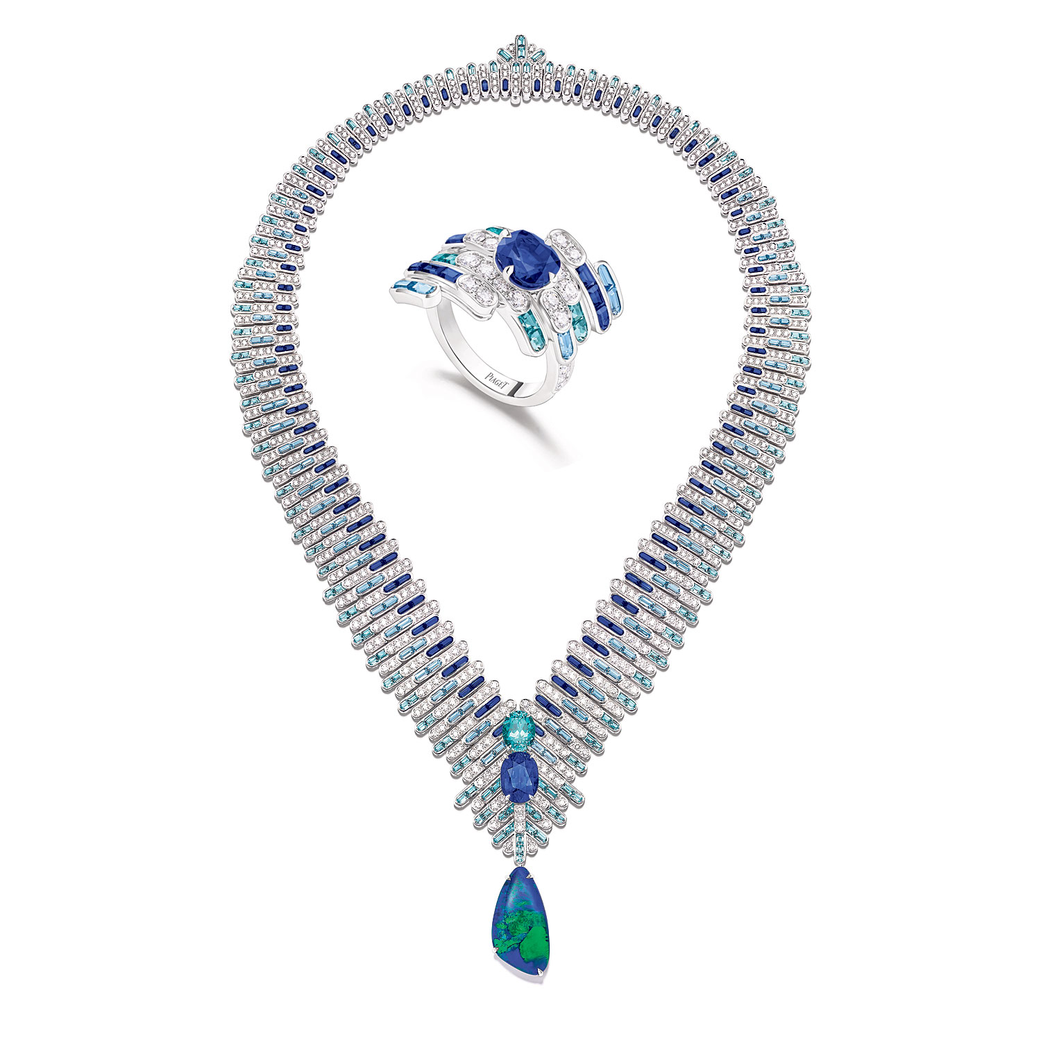 Blue Illusions ring and transformable necklace centred by a Paraiba tourmaline, Madagascan sapphire and black opal.