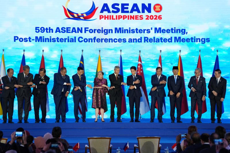 Foreign ministers and their representatives line up at the opening ceremony of the Asean Foreign Ministers Meeting at the Philippine International Convention Centre on July 21, 2026 in Pasay city, Philippines. From left, Myanmar Permanent Secretary Hau Khan Sum, Malaysia's Foreign Minister Mohamad Hasan, Thailand's Vice Minister for Foreign Affairs Vijavat Isarabhakdi, East Timor's Foreign Minister Bendito dos Santos Freitas, Vietnam's Deputy Minister of Foreign Affairs Dang Hoang Giang, Philippine Foreign Secretary Theresa Lazaro, Singapore's Foreign Minister Vivian Balakrishnan, Brunei's Foreign Minister Prince Abdul Mateen Bolkiah, Cambodia's Foreign Minister Prak Sokhonn, Indonesia's Foreign Minister Sugiono, Laos Foreign Minister Thongsavanh Phomvihane, and Asean secretary-general Kao Kim Hourn. (Photo: Aaron Favila/Pool/Reuters)