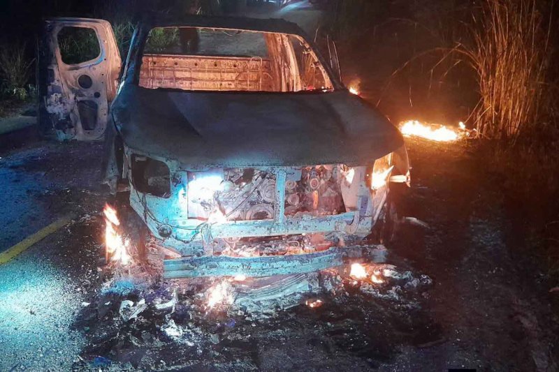 The pickup truck believed to have been used in the attack is seen burning in Sri Sakhon district of Narathiwat on Wednesday night. (Photos: Supplied)