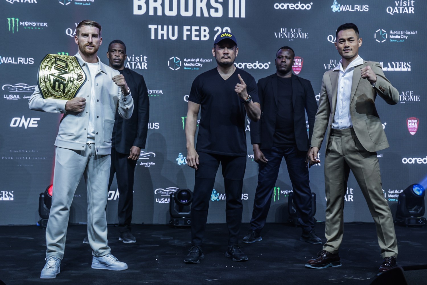 Jonathan Haggerty and Wei Rui pose ahead of their bantamweight kickboxing title fight at ONE 171 in Qatar in February 2025