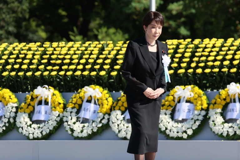 Japanese Prime Minister Sanae Takaichi looks on during a memorial at the Peace Memorial Ceremony, on the 81st anniversary of the dropping of the atomic bomb, at the Peace Memorial Park in Hiroshima on August 6, 2026