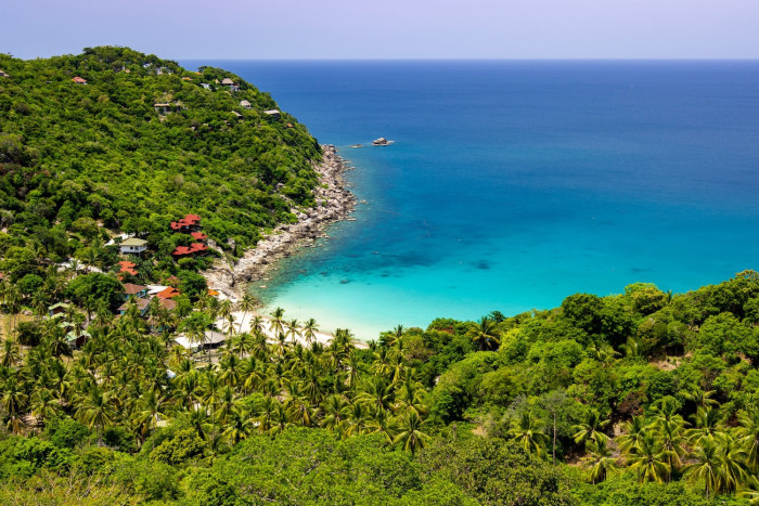 A view of a tropical bay with turquoise water, a sandy beach, and a green hillside dotted with houses.
