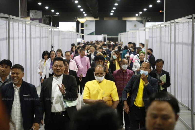 Unelected Senate candidates leave their election venue in Nonthaburi province on June 26, 2024. Pattarapong Chatpattarasill