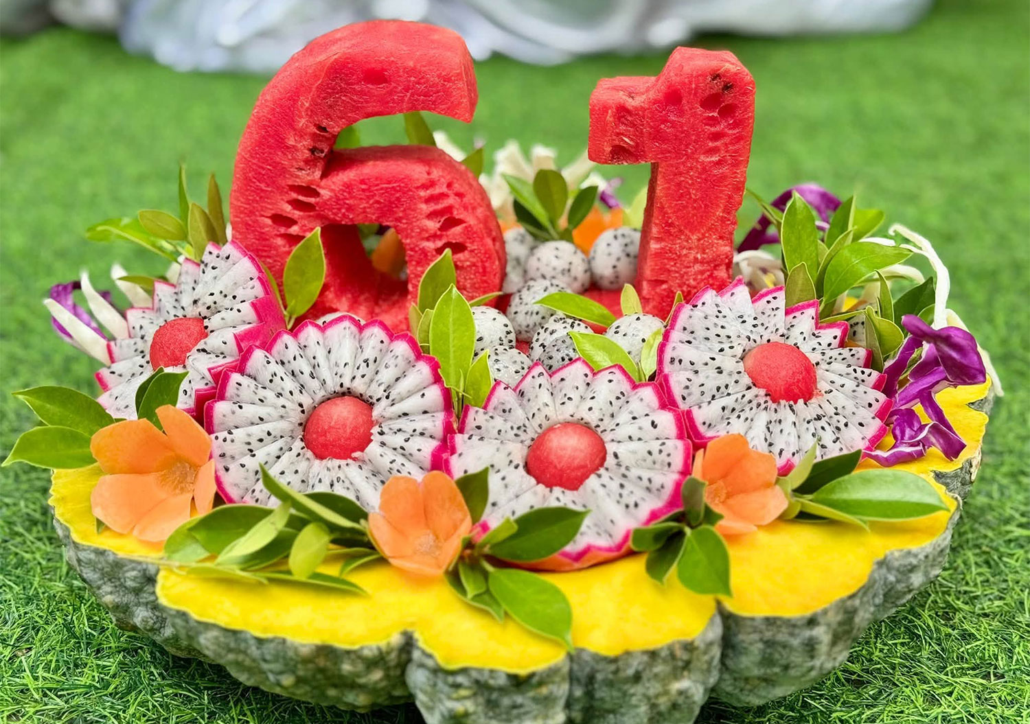 A fruit cake is prepared for popular hippo Mae Mali on her 61st birthday. (Photo: Khao Kheow Open Zoo in Chon Buri)