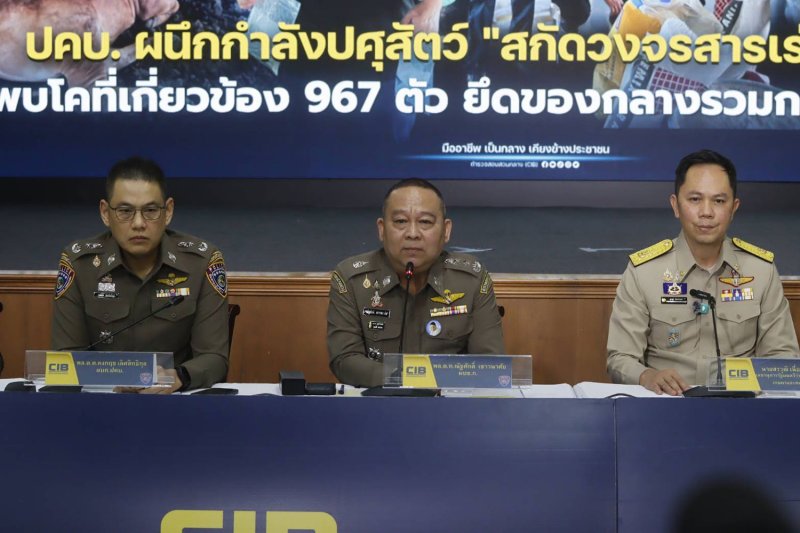 Pol Lt Gen Natthasak Chaowanasai (centre), commissioner of the Central Investigation Bureau (CIB), leads a briefing held to announce the results of a crackdown on illegal use of “red meat” accelerants, on Tuesday in Bangkok. (Photo supplied/Wassayos Ngamkham)