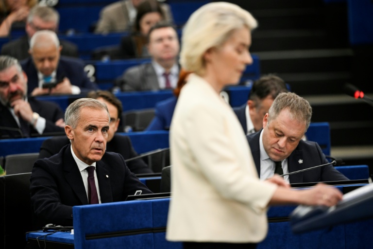 Canadian Prime Minister Mark Carney listens as European Commission President Ursula von der Leyen gives her annual State of the Union address in Strasbourg on Wednesday. (Photo: AFP)