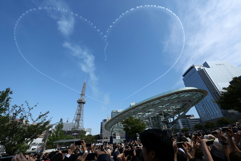 Skywriting in the shape of a heart created by Kawasaki T-4s of the Japan Air Self-Defense Force appears over Nagoya, the Asian Games co-host, on Sept 19, 2026. (Photo: AFP)