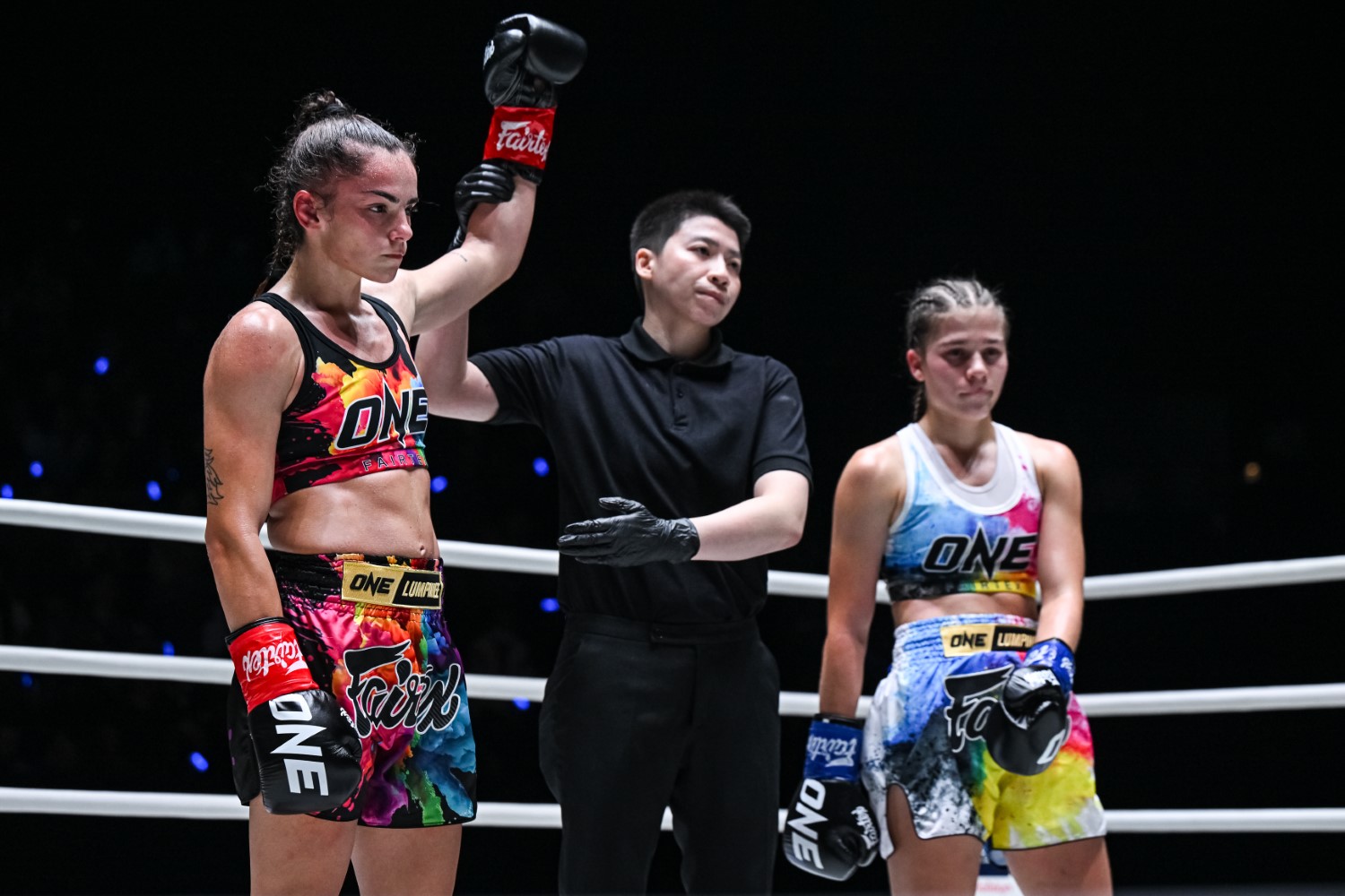 Antonia Prifti has her hand raised after defeating Ameline Gerson by unanimous decision at ONE Friday Fights 171 in Bangkok