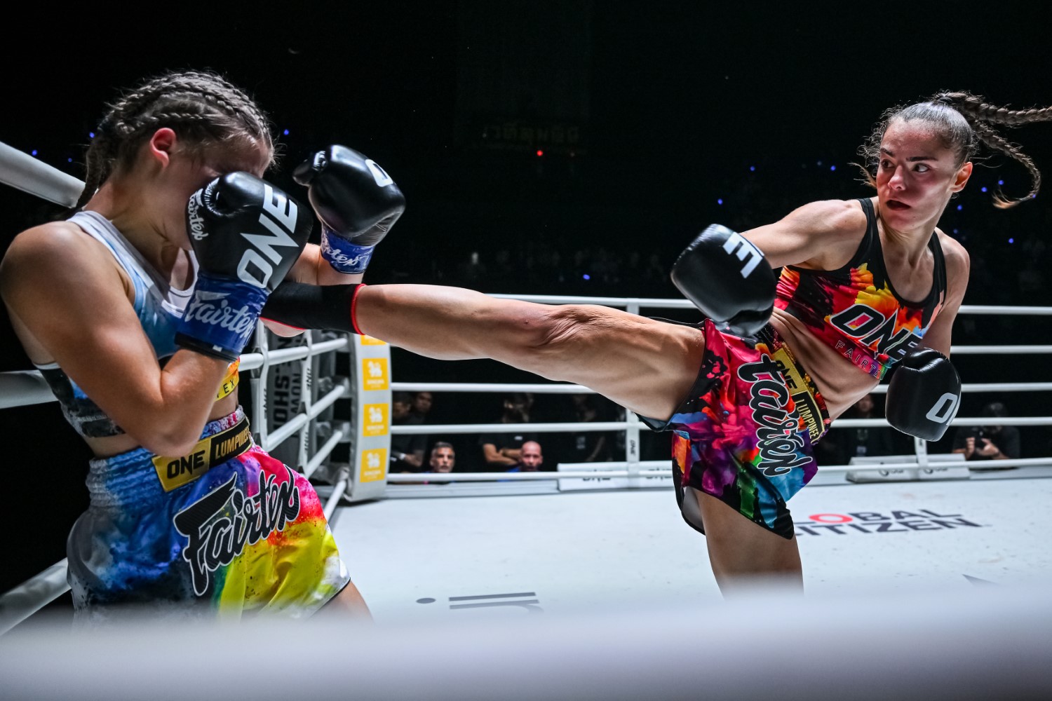 Antonia Prifti (right) fires a kick into Ameline Gerson&rsquo;s guard during her ONE Championship debut