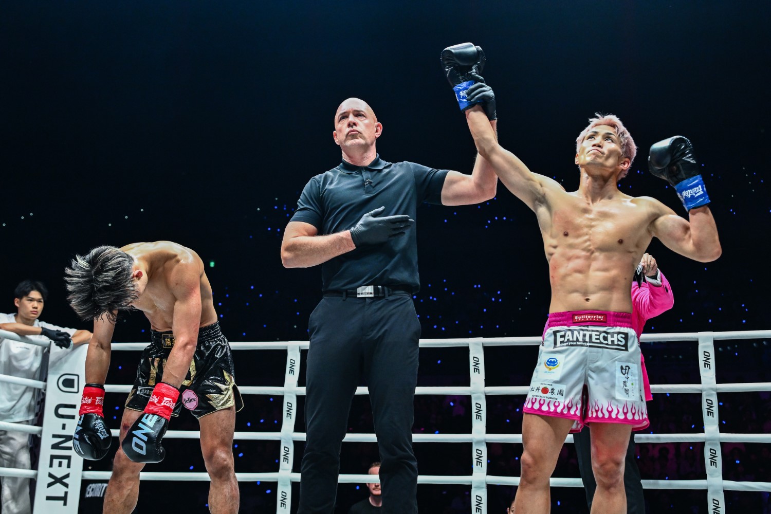 Taiki Naito celebrates after defeating Hyu in their flyweight kickboxing bout at ONE Samurai 1