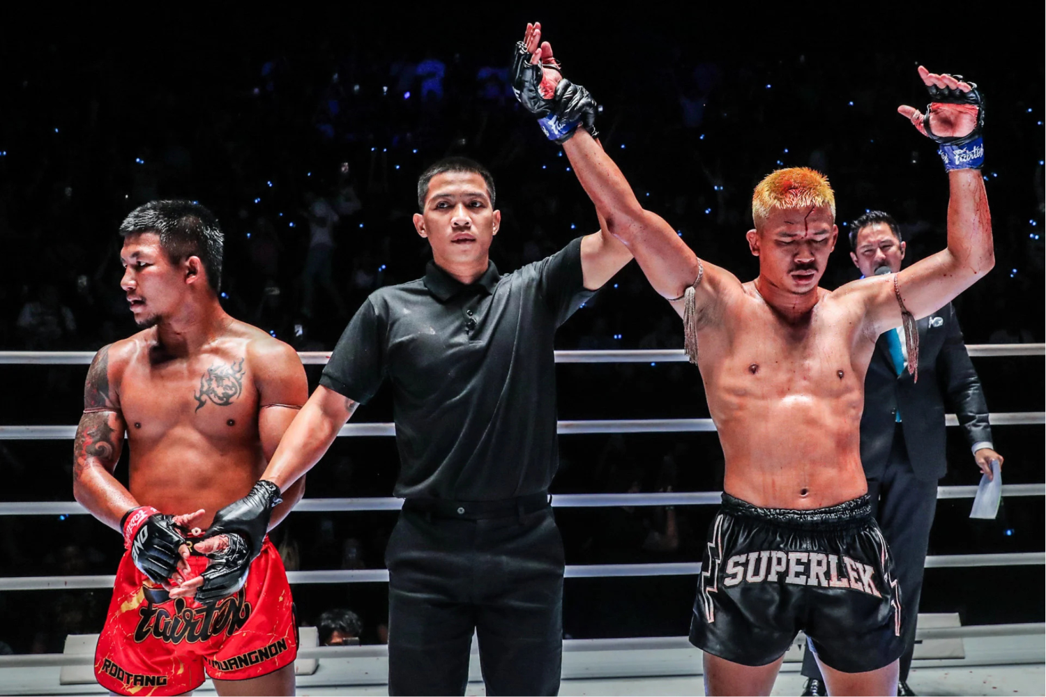 Superlek has his hand raised after beating Rodtang by unanimous decision in their 140lb catchweight bout at ONE Friday Fights 34
