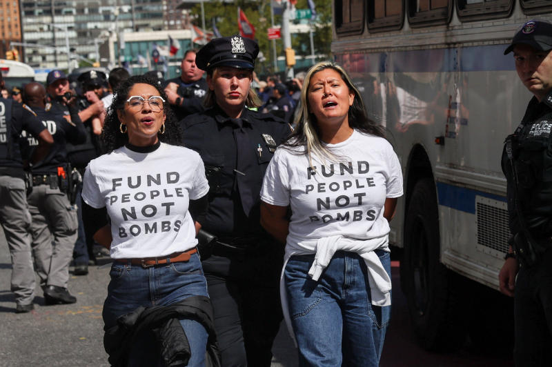 Democratic congressional candidate Darializa Avila Chevalier is detained alongside another protester during a protest on the day of Israeli Prime Minister Benjamin Netanyahu's address to the United Nations 81st General Assembly in New York City, the United States, on Sept 24, 2026. (Photo: Reuters)