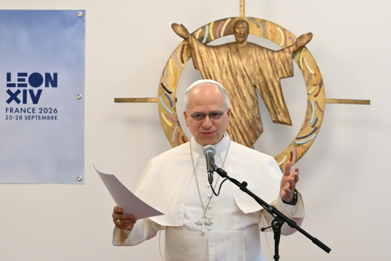 Pope Leo XIV speaks during a visit to Maison Bakhita, a support and social integration centre, in Paris on Sept 26, 2026. (Photo: AFP)