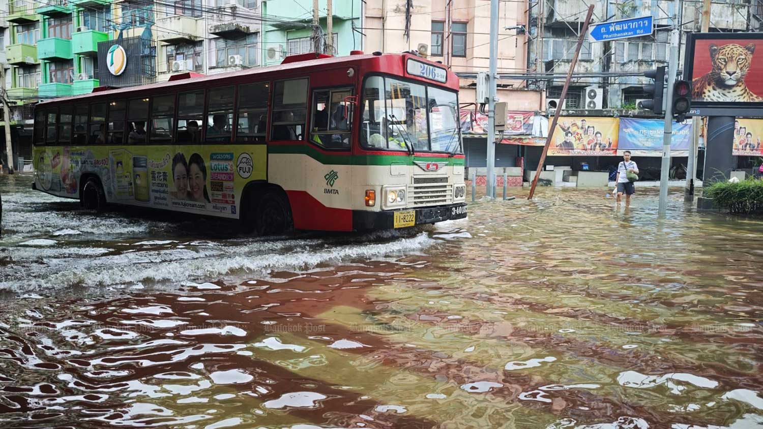 A Bangkok bus in service at Khlong Tan intersection on Sunday.