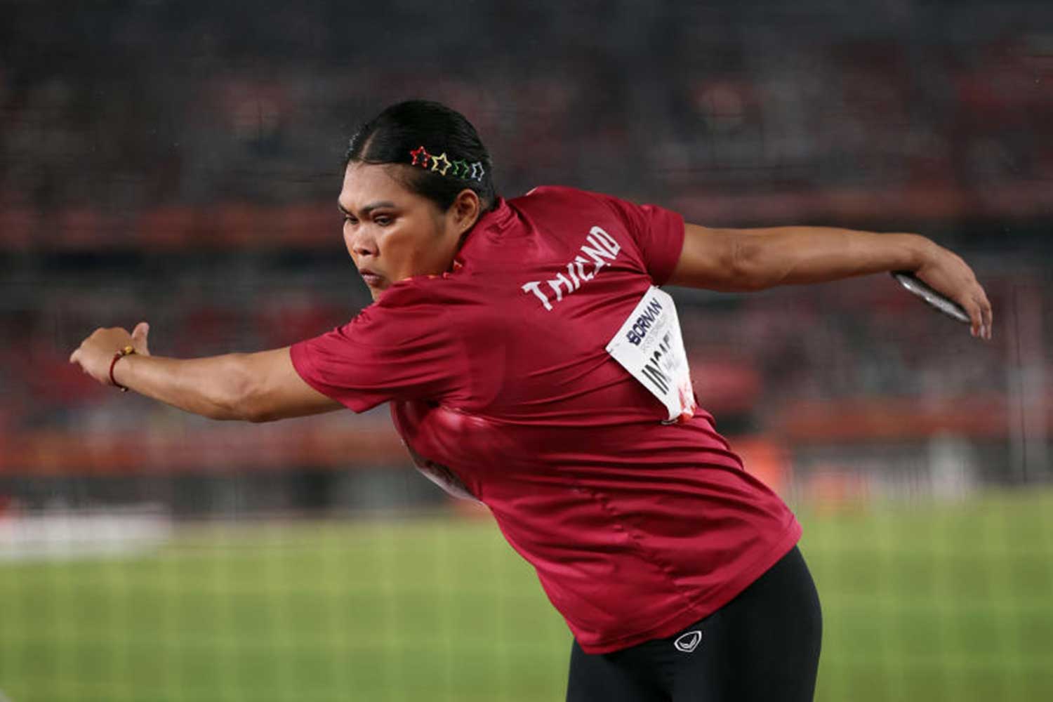 Subenrat Insaeng competes during the women’s discus throw final. REUTERS